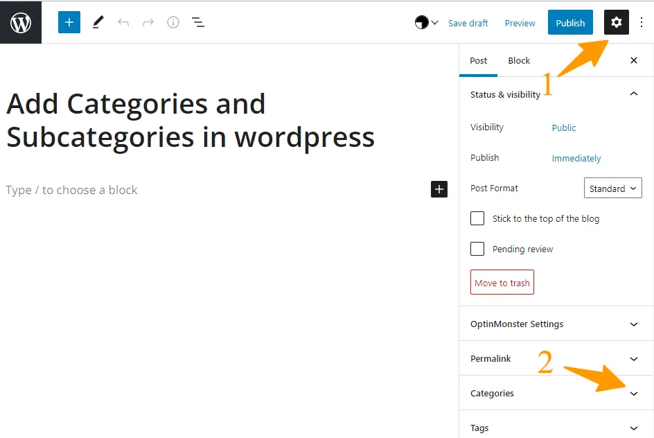 Add Categories Form Block Editor Menu 