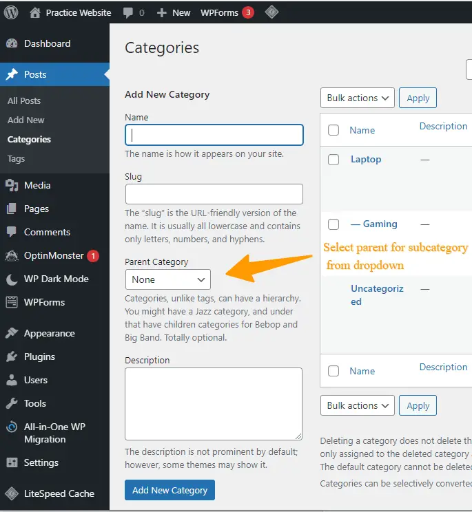 Add Subcategories From WordPress Dashboard