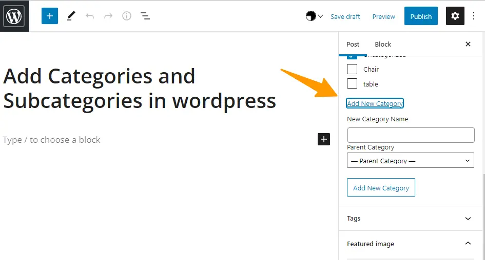 add category to post in wordpress
