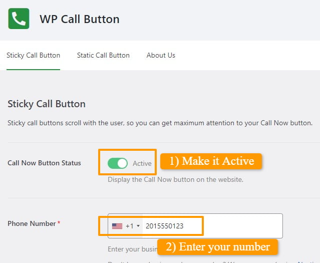 Adding phone number in wp call button plugin