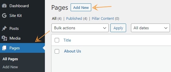 Creating new page in wordpress