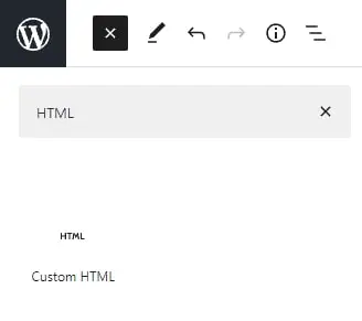 Search for custom HTML block editor
