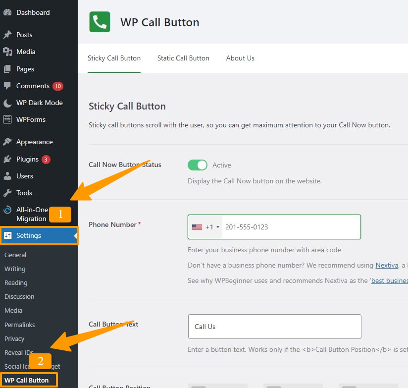 customizing the wp call button plugin