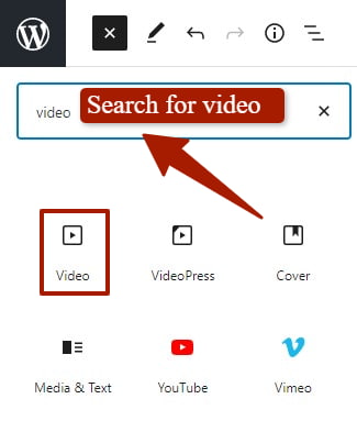 Searching for video widget in block editor