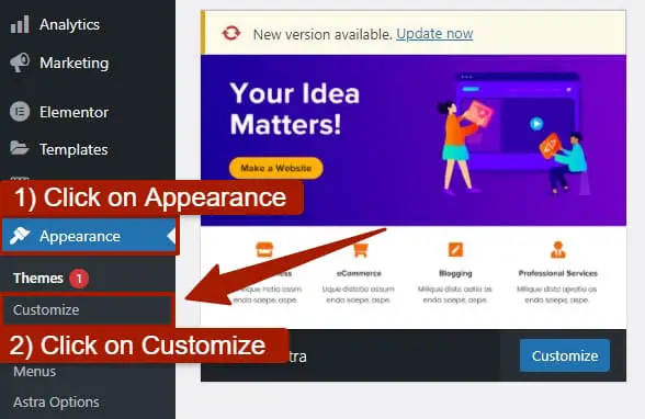 clicking on Appearance and then customization