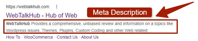 Meta description tag on search results