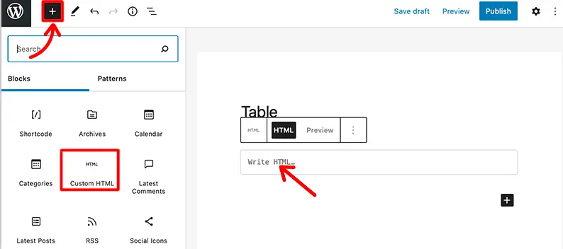 create table in wordpress using HTML code