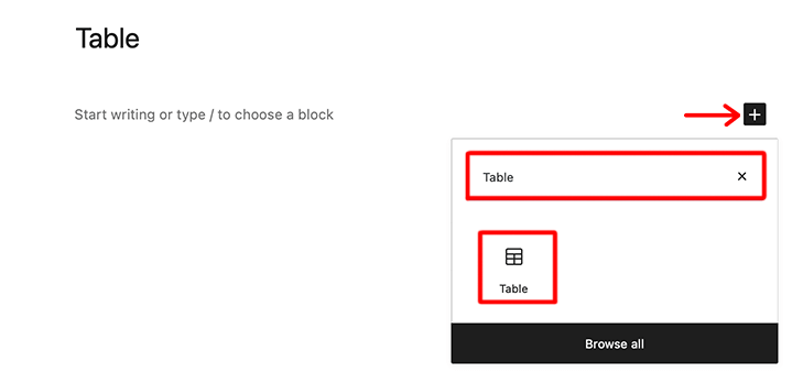 table block in wordpress block editor