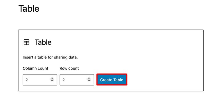 table row and column setting in wordpress