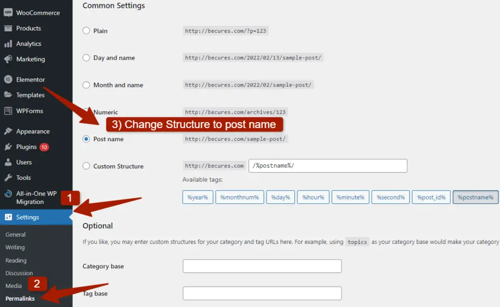 Changing Permalink structure in WordPress Settings