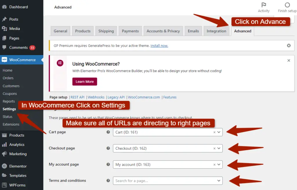 Going to the advanced tab in WooCommerce