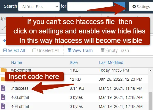 htaccess file in filemanager