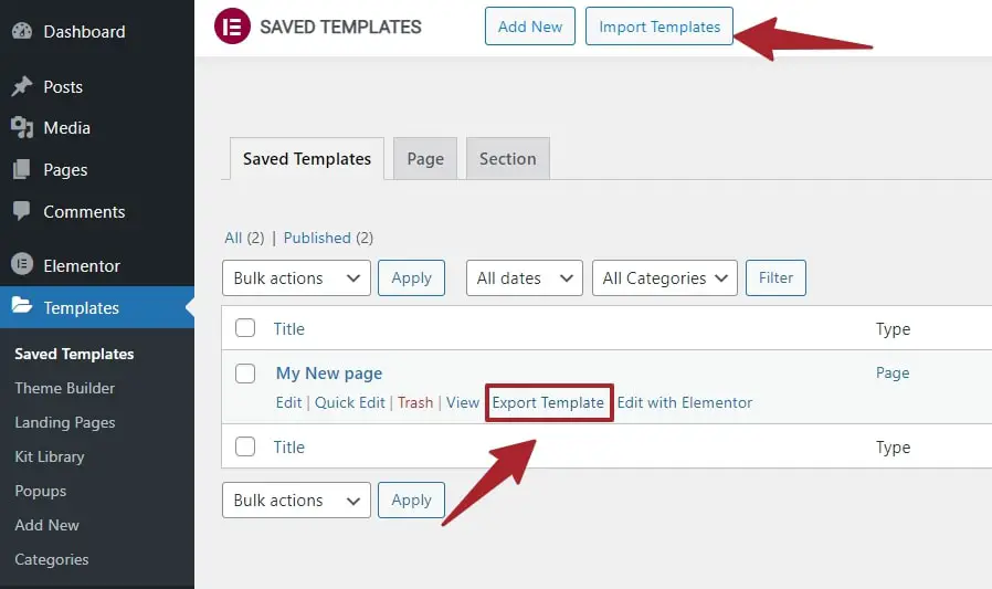 Export and import elementor template