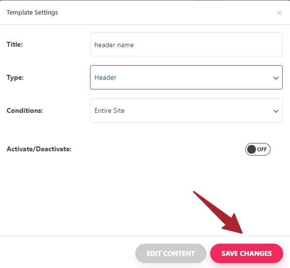 save changes of header in elementor