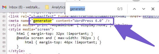 searching for generator meta tag in page source code