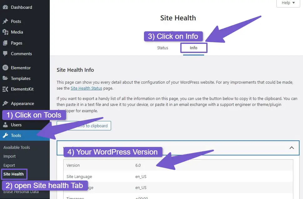 site health tool in dashboard to check WordPress version