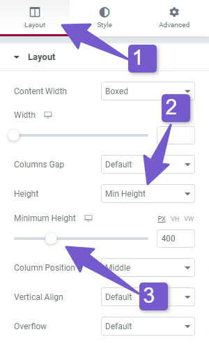 layout setting in elementor