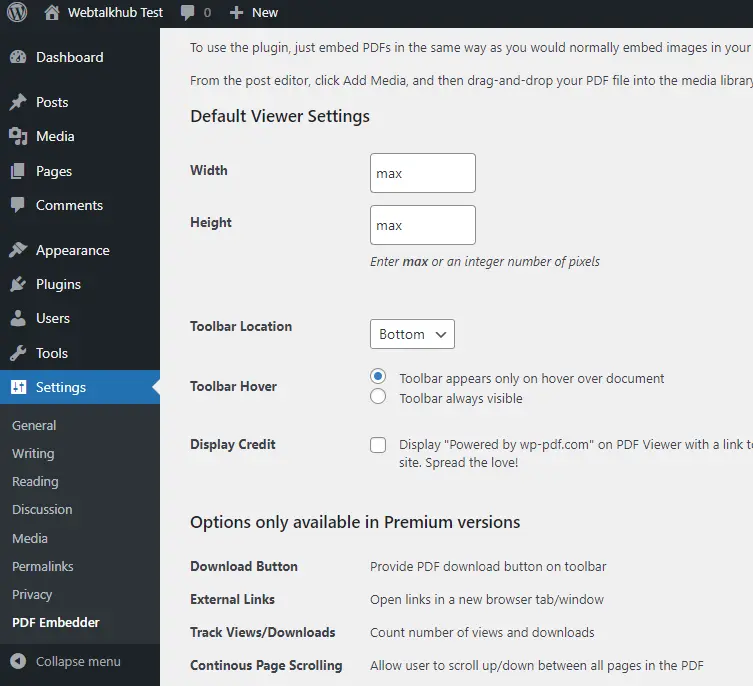 PDF embedder settings