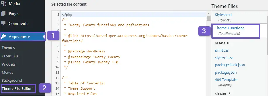 Theme file editor in WordPress Dashboard