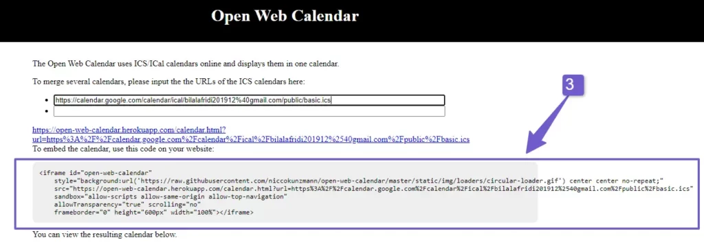iframe code of google calendar after customization