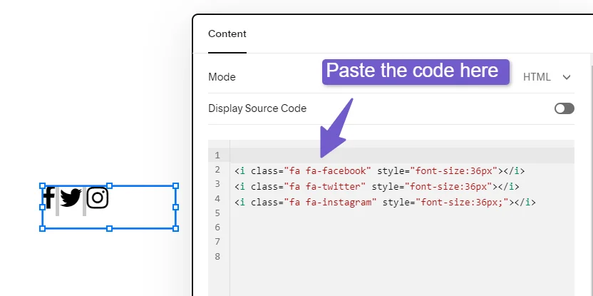 paste the social icon code in sqaurespace