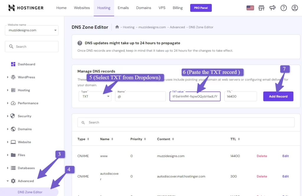 Add your TXT record in Domain Zone Editor