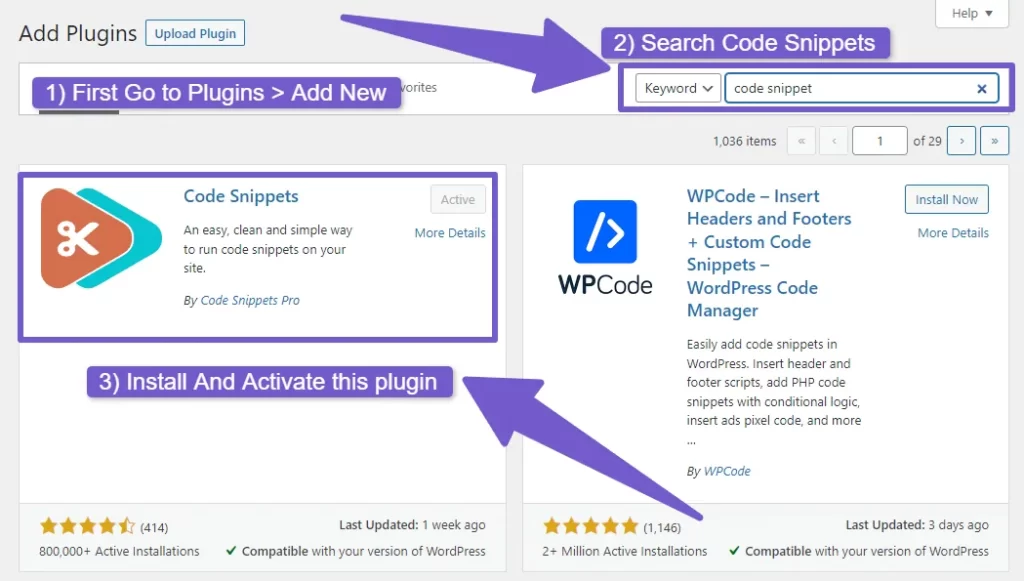 Adding Code Snippets plugin in WordPress