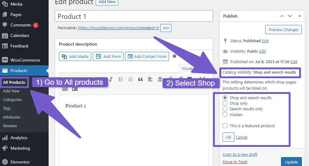 Changing catalog visibility settings in product tab of WooCommerce