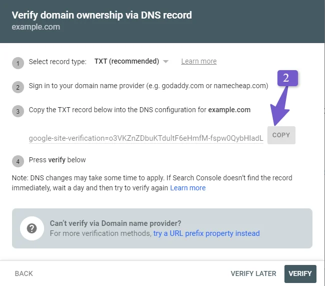 Copy the TXT record for verification of domain