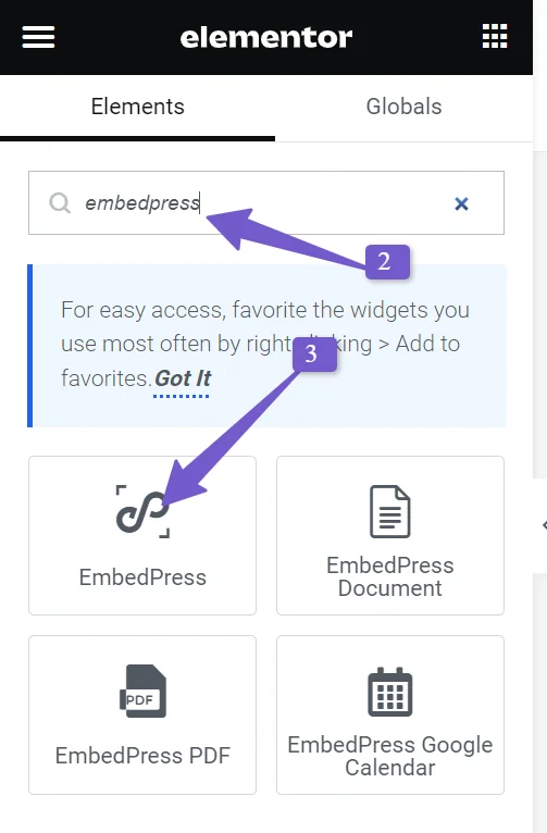 Embedpress element in Elementor