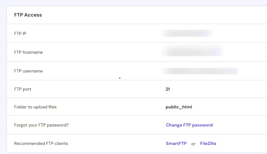 FTP credential in Hosting