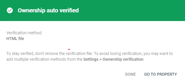 Google SIte verification success message
