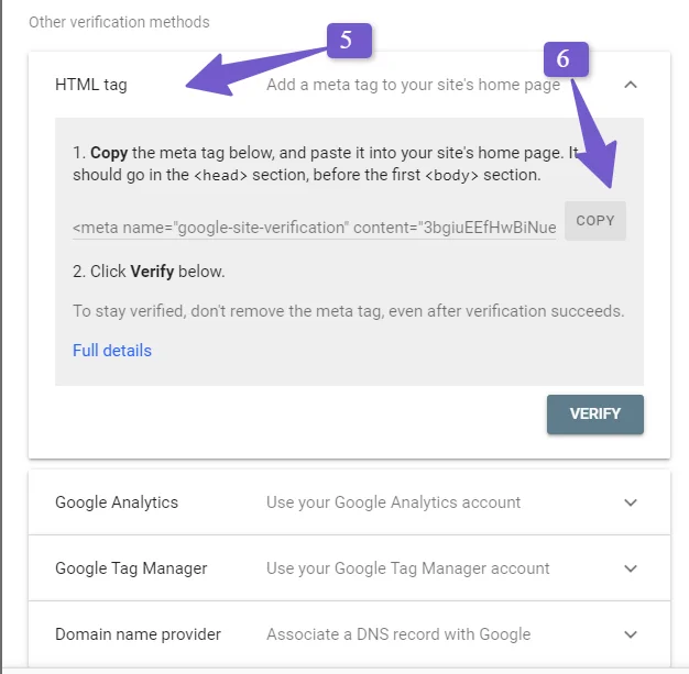 HTML meta Tag for verification