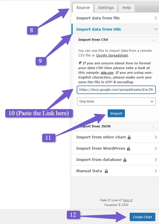 Import google sheet URL in Visualizer plugin