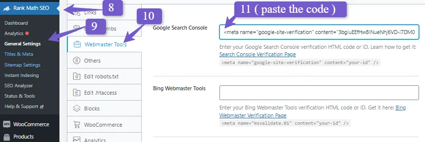 Rankmath setting page for pasting the HTML meta tag