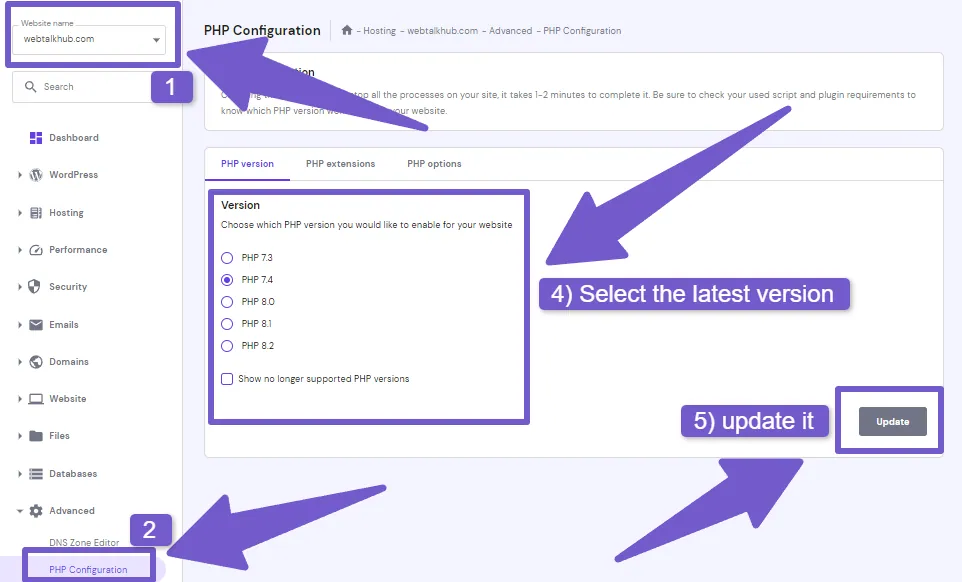 Updating PHP version in your hosting