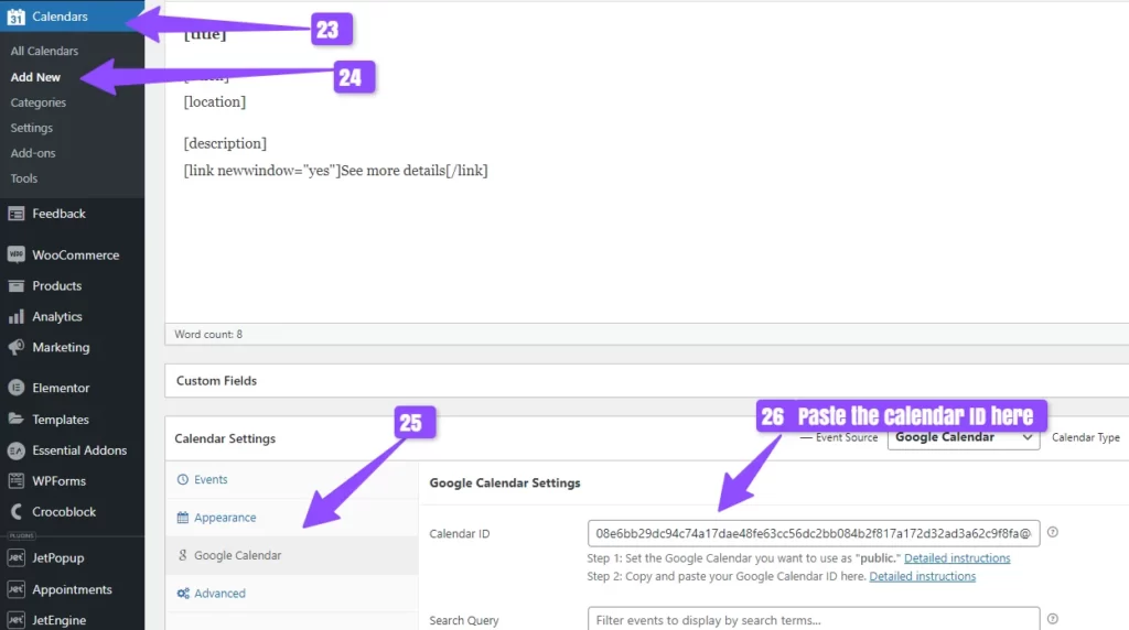 add calendar ID in wordpress