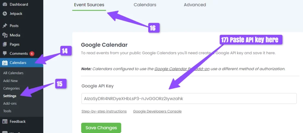 add the API key in Simple Calendar plugin