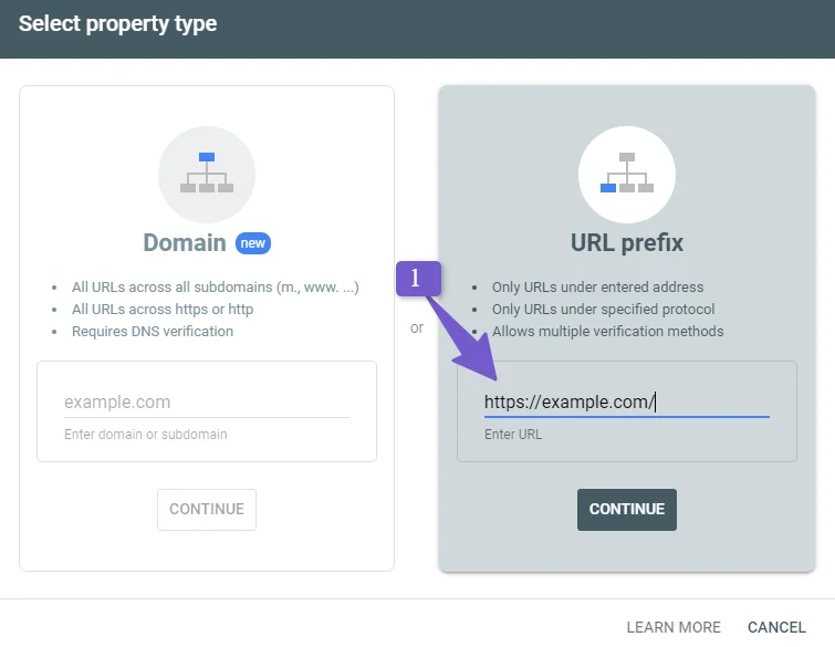 add your website URL in prefix for google site verification