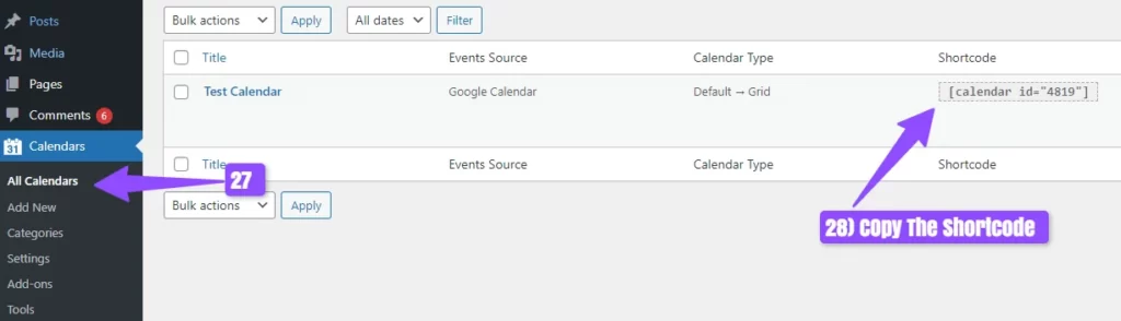 add calendar ID in wordpress