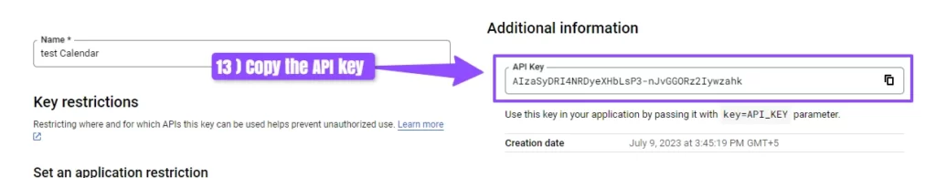 copy the google calendar API key