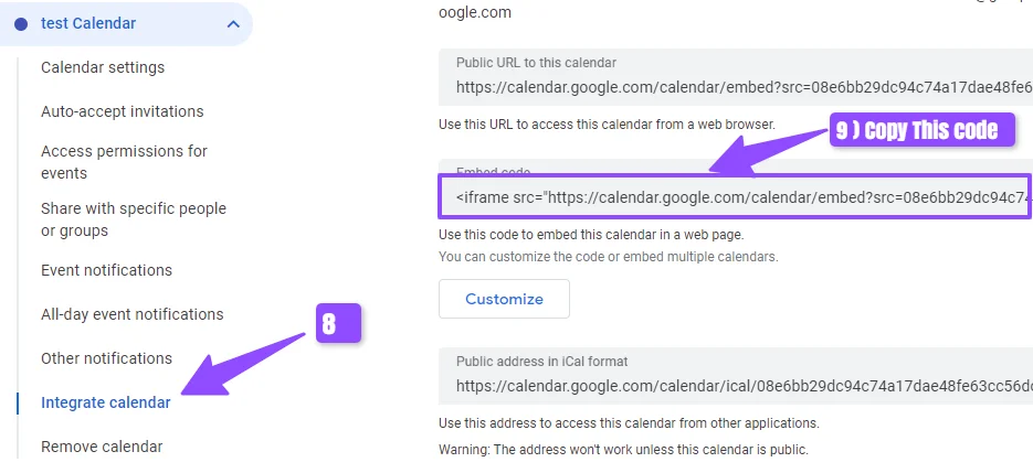 embed code of google calendar