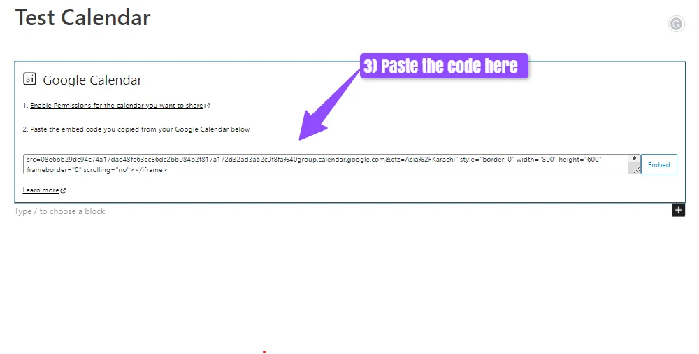 paste embed code in jetpack google calendar block