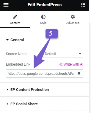 paste the google excel URL in elementor