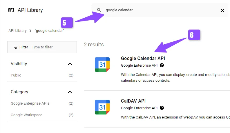 search for google calendar API 