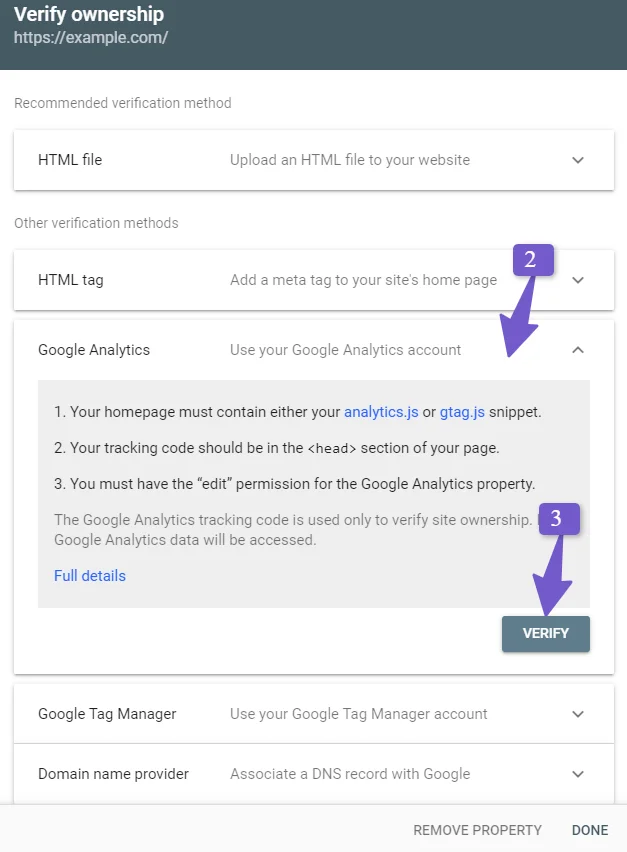 verify Google search console using google analytics