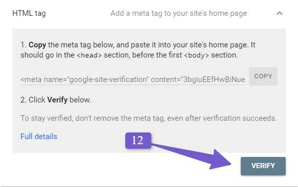 verify the google site verification code in search console