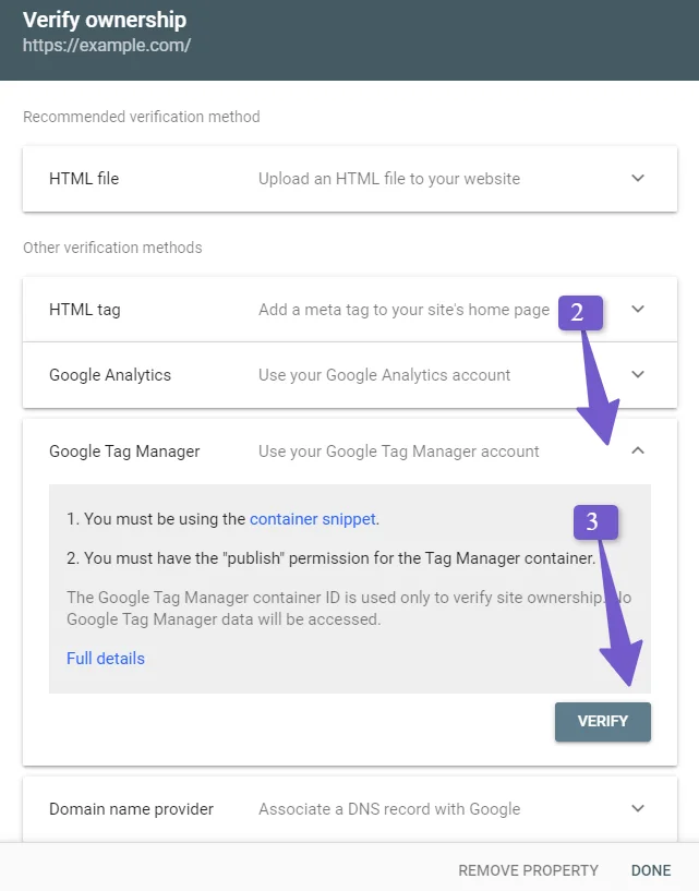 verify your website in search console using google tag manager