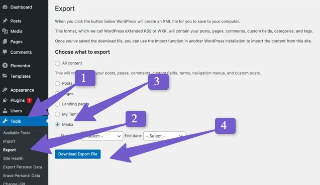 wordpress media file export setting