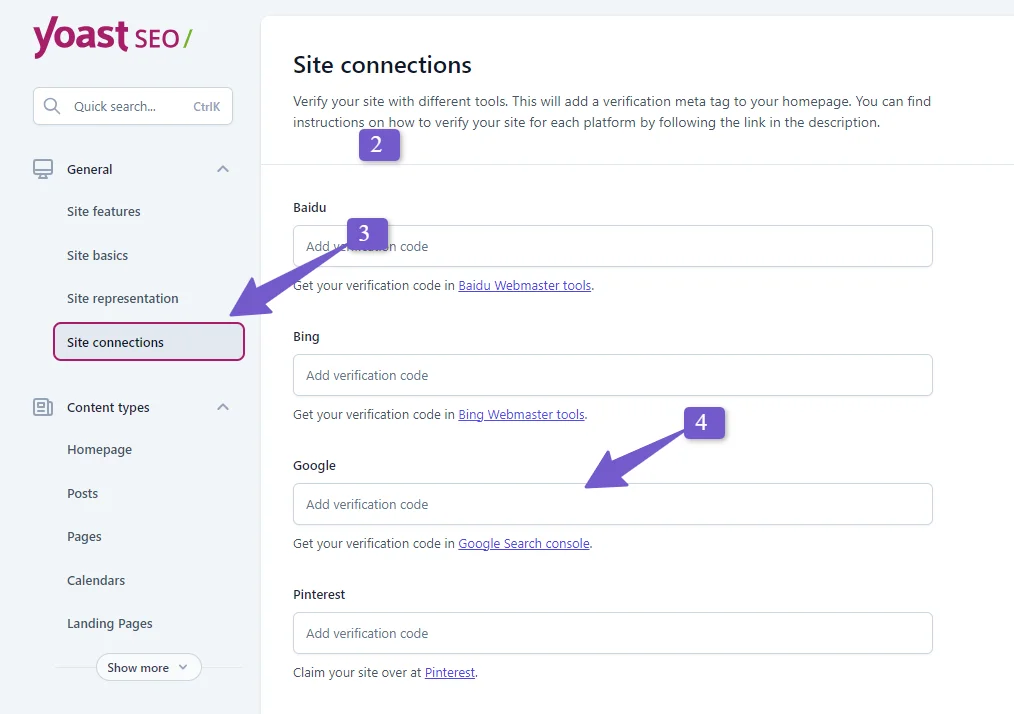 yoast setting for adding html meta tag of search console